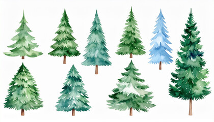 Obraz premium Watercolor pine tree set with various green and blue shades, perfect for Christmas or winter themes, showing natural and artistic evergreen illustrations with isolated background