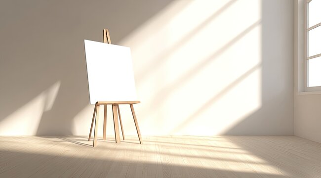 A blank canvas on a wooden easel stands in a sunlit minimalist room with light-colored walls and floors, casting shadows