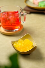 Polycrystalline rock sugar, Crystaline rock sugar or Gula batu in bowl. Made from sugarcane.