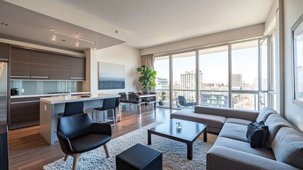 Fototapeta premium sleek and airy open-concept living space, with modern minimalist furniture, a neutral color palette, and abundant natural light flooding the room.