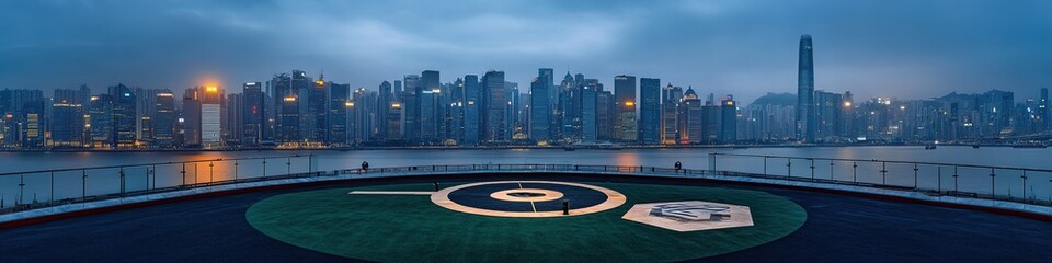 Illuminated Circular Helipad atop Modern Skyscraper: Aerial View of Urban Skyline at Blue Hour. Luxurious Rooftop Landing Area with Glass Railings and Green Carpet. Dramatic City Lights for Commercial
