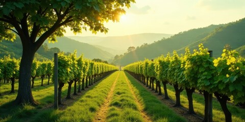 Fototapeta premium Serene Vineyard Rows at Golden Hour Lush Green Vines Basking in Sunlight, a Picturesque Pastoral Scene of Tranquility and Natural Beauty