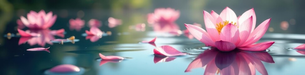 Pink and white petals scattered on calm water, calm, beauty