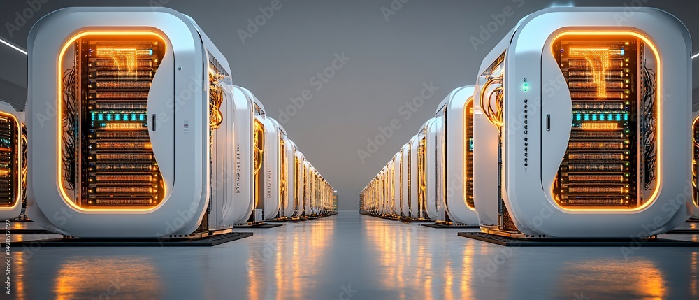 Poster futuristic server room with rows of sleek, illuminated data storage units