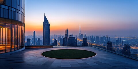 Illuminated Circular Helipad atop Modern Skyscraper: Aerial View of Urban Skyline at Blue Hour. Luxurious Rooftop Landing Area with Glass Railings and Green Carpet. Dramatic City Lights for Commercial