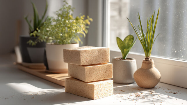 Biodegradable cleaning sponges in a minimalist kitchen setting with potted plants and natural light filtering through the window
