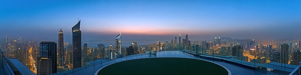 Illuminated Circular Helipad atop Modern Skyscraper: Aerial View of Urban Skyline at Blue Hour. Luxurious Rooftop Landing Area with Glass Railings and Green Carpet. Dramatic City Lights for Commercial