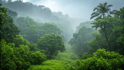Lush Green Rainforest Landscape with Heavy Rainfall and Dense Vegetation Under Dramatic Stormy Sky in Nature Scene