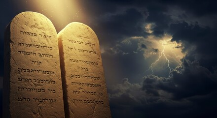Fototapeta premium Two stone tablets with ancient text, dramatic sky