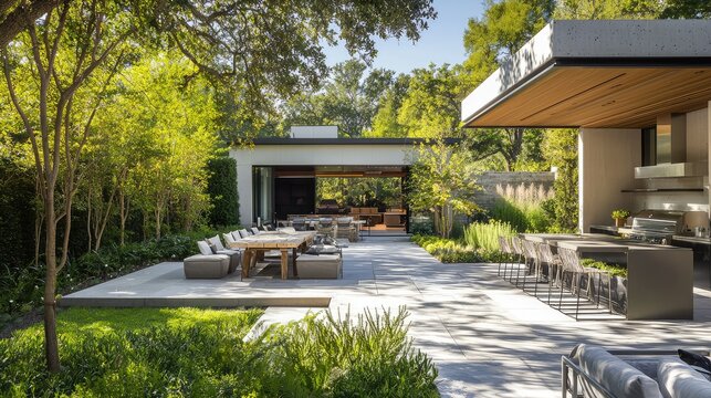 sleek and modern back patio with a clean-lined outdoor kitchen, plenty of seating, and a surrounding garden filled with greenery and trees.