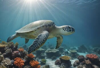 A majestic green sea turtle explores a dazzling coral reef in a tranquil blue ocean ,  ocean,  colorful, sea turtle