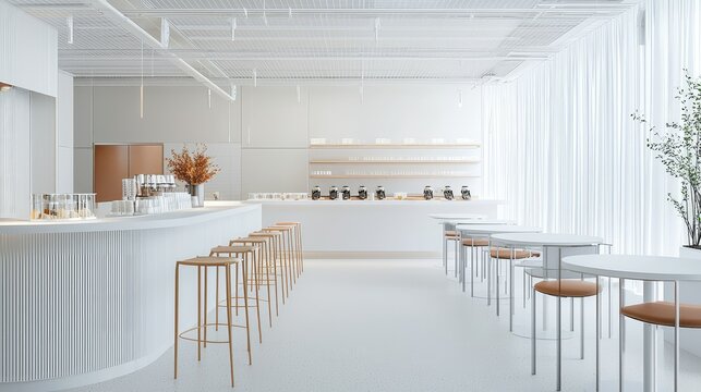 sleek and modern caf&Atilde;&copy; with bright, minimalist d&Atilde;&copy;cor, tall bar stools at the counter, and empty tables arranged throughout the space.