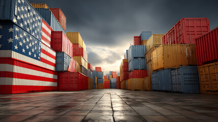 Fototapeta premium A vibrant scene featuring shipping containers in a warehouse, with an American flag design on the front, capturing a sense of global trade.