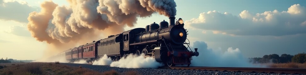 Naklejka premium Powerful steam locomotive in motion, billowing smoke, driving, vintage