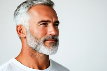 Fototapeta premium Pure white solid background. A cheerful and poised gentleman standing elegantly. Creative of style for aging men. Fashionable men's short caesar haircut - midlife white man with hair.
