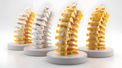 Fototapeta premium An informative display of spinal models showcasing vertebrae in white and yellow colors, highlighting anatomical features.
