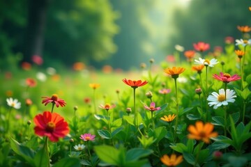 Fototapeta premium Wildflowers drenched by a summer downpour, vibrant green landscape , green, summer