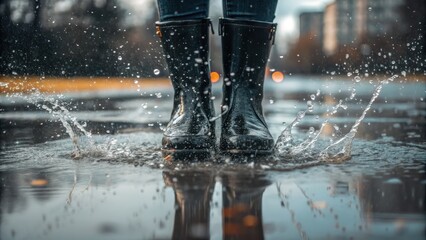 Person Wearing Black Waterproof Boots Jumping in Rain Puddles with Water Splashes and Reflections in Urban Environment on a Gloomy Day