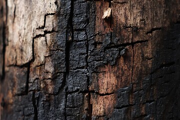 Fototapeta premium Close-up of Close-up of tree bark showing burn marks from recent fires.