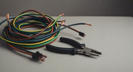 Electrical wires and pliers placed on a workbench for repairs  