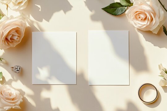 Two blank cards surrounded by blush roses, ring, and sunlit shadows on a beige background; flatlay design