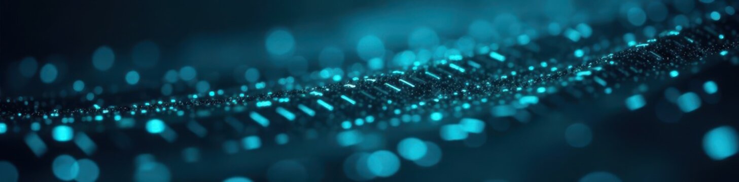 Cyan glowing digital binary code on dark background, cyber, lines