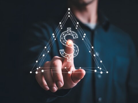 Man's Finger Touching Holographic Dollar Sign in Triangle Geometric Connection on Dark