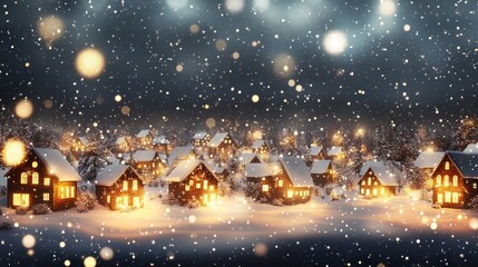 Fototapeta premium Winter scene of snow falling on a village with houses and trees covered in snow and lights shining from the windows on a dark night with bokeh effect.