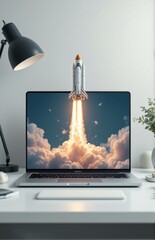 Rocket launch on laptop screen at modern desk