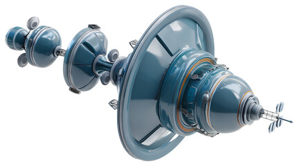 Futuristic spacecraft design featuring sleek, rounded components and intricate detailing in metallic blue hues.