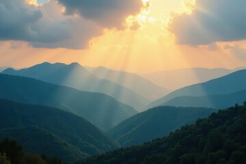 Misty mountain range, sun rays breaking through clouds, layers of hills, grey, nature