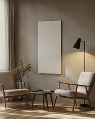 Modern Minimalist Living Room Interior Design With Beige Chairs And Concrete Wall