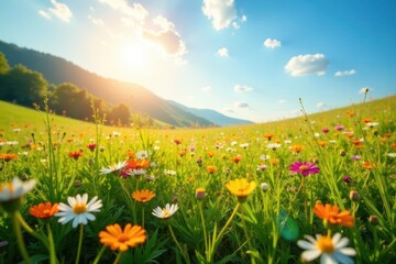 Sun-drenched meadow ablaze with wildflowers, clear sky, colorful, flower field, sunlight