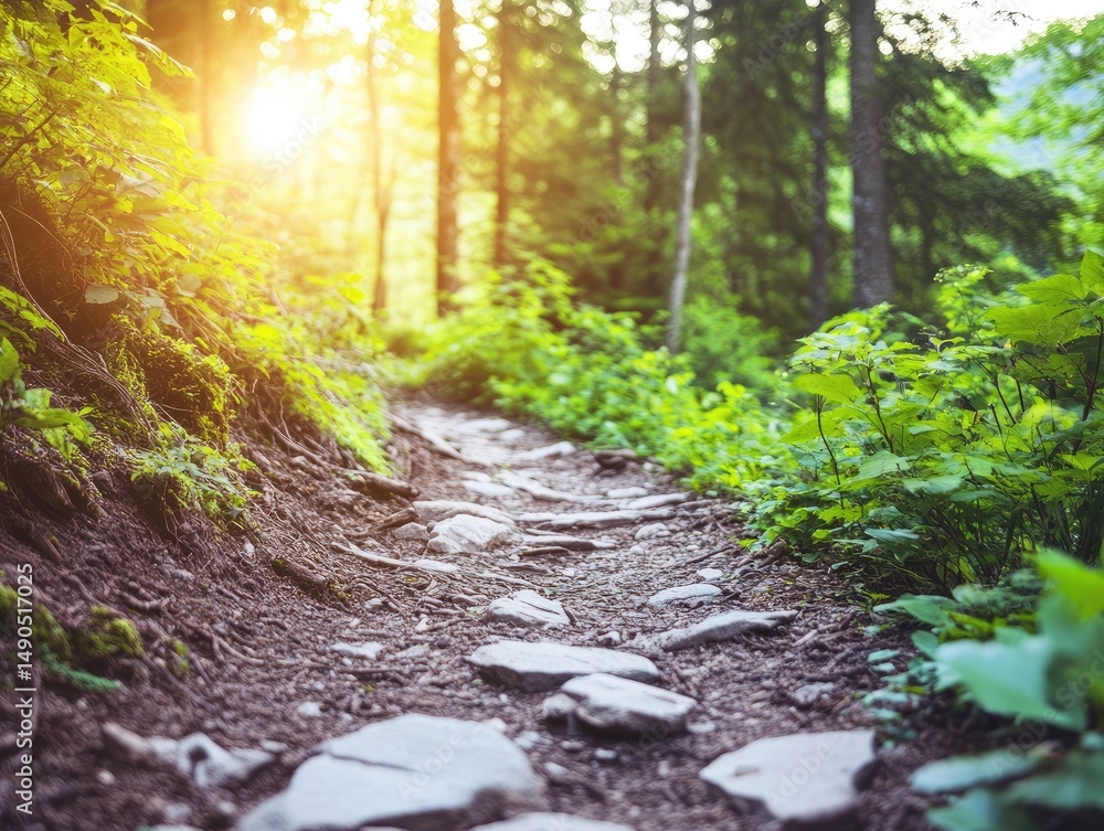 Poster winding forest trail with sunlight streaming through the trees inviting exploration and nature conne