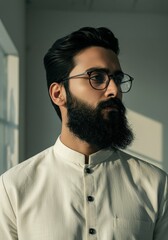 Fototapeta premium Portrait of handsome man with beard wearing glasses and white dress shirt