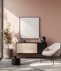 Modern Minimalist Living Room With Pink Walls And Wooden Furniture