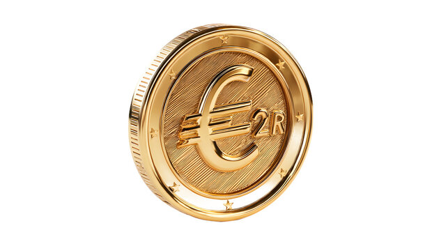 A shiny golden coin featuring the Euro symbol and the inscription '2R', symbolizing currency and finance.