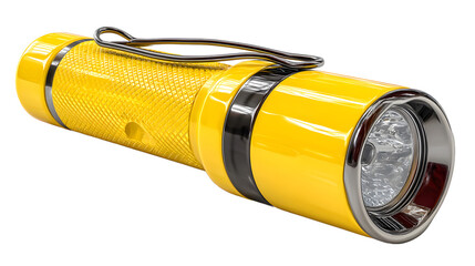 A bright yellow flashlight with a metallic clip, showcasing its detailed texture and powerful LED light.