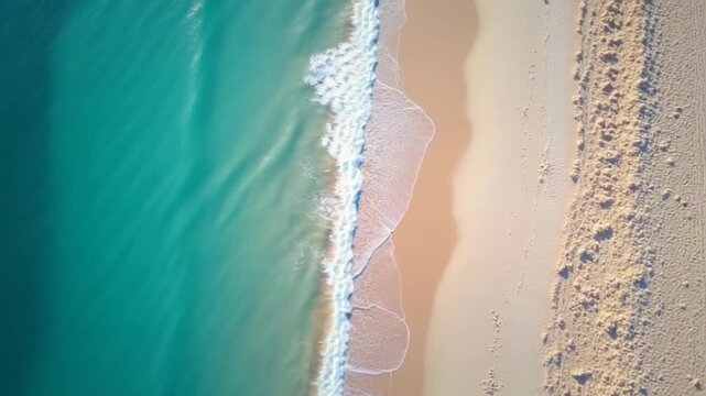 Drone view of a beautiful sandy beach with clear water at dawn. Seascape