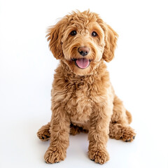 Fototapeta premium A cute goldendoodle puppy sitting on a white background looking at the camera