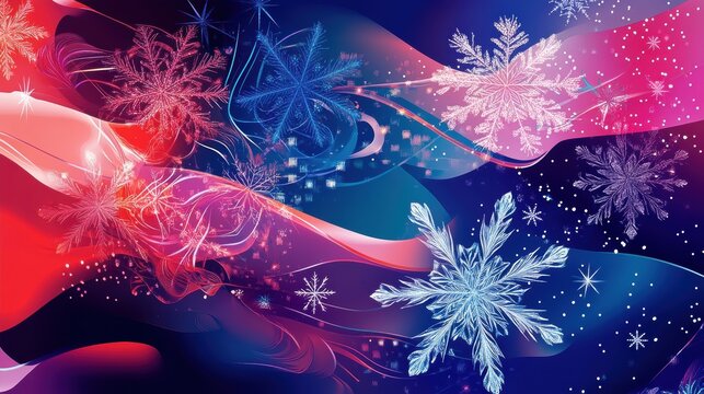 Festive winter background with snowflakes, stars, and wavy lines in red, blue, and pink hues. A decorative design conveying a seasonal theme for holiday related content.