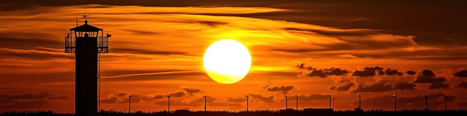Silhouette of Lighthouse Against Golden Sunset: Captivating Abstract Commercial Background for Car Advertising. Warm, Serene Atmosphere with Watchtower Outline and Cloudless Sky. High-Resolution Sceni