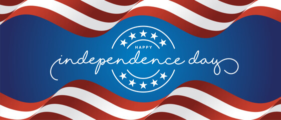 Happy Independece Day 4th of July banner. USA red white waving flag ribbon with white handwritten calligraphy and stars on blue background