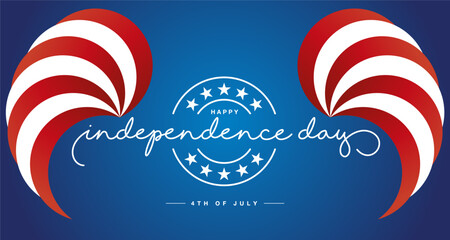 Happy Independence Day 4th of July banner. USA abstract swirl red white flag ribbon wings with white handwritten calligraphy and stars on blue background