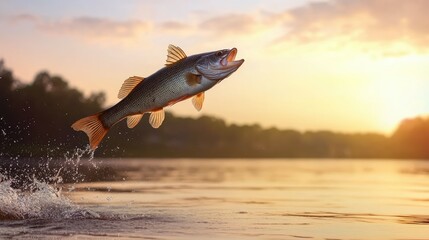 Fototapeta premium Largemouth bass in mid-air, fierce leap through calm sunset lake