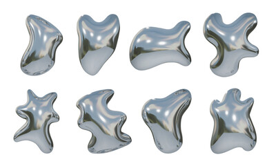 Chrome Liquid Abstract Blob Shape. A complete collection of 8 chrome liquid abstract blobs featuring high gloss surfaces. Perfect for futuristic visuals digital assets and 3d design compositions