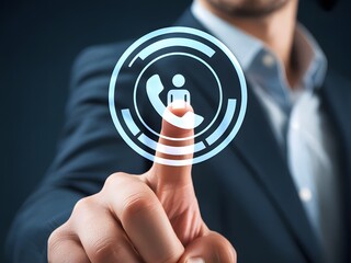 Man touching Blue Phone Icon with Finger, Modern Interface, Business Concept