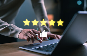 Customer giving five star rating and positive feedback on digital platform. Business reputation,...