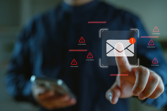 Email phishing attack warning with digital alert icon. Concept of cybersecurity threat, scam email, malware, spam detection, data breach, and secure communication system.