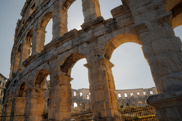A wall fragment of ancient Roman amphitheater in Pula, Croatia